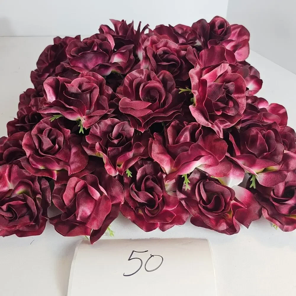 50 Red Wine Burgundy Satin Rose Heads Stemless Wedding Floral Craft DIY 2.5in